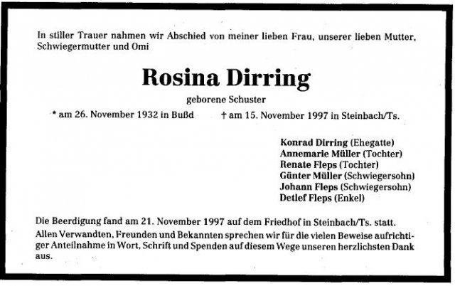 Schuster Rosina 1932-1997 Todesanzeige